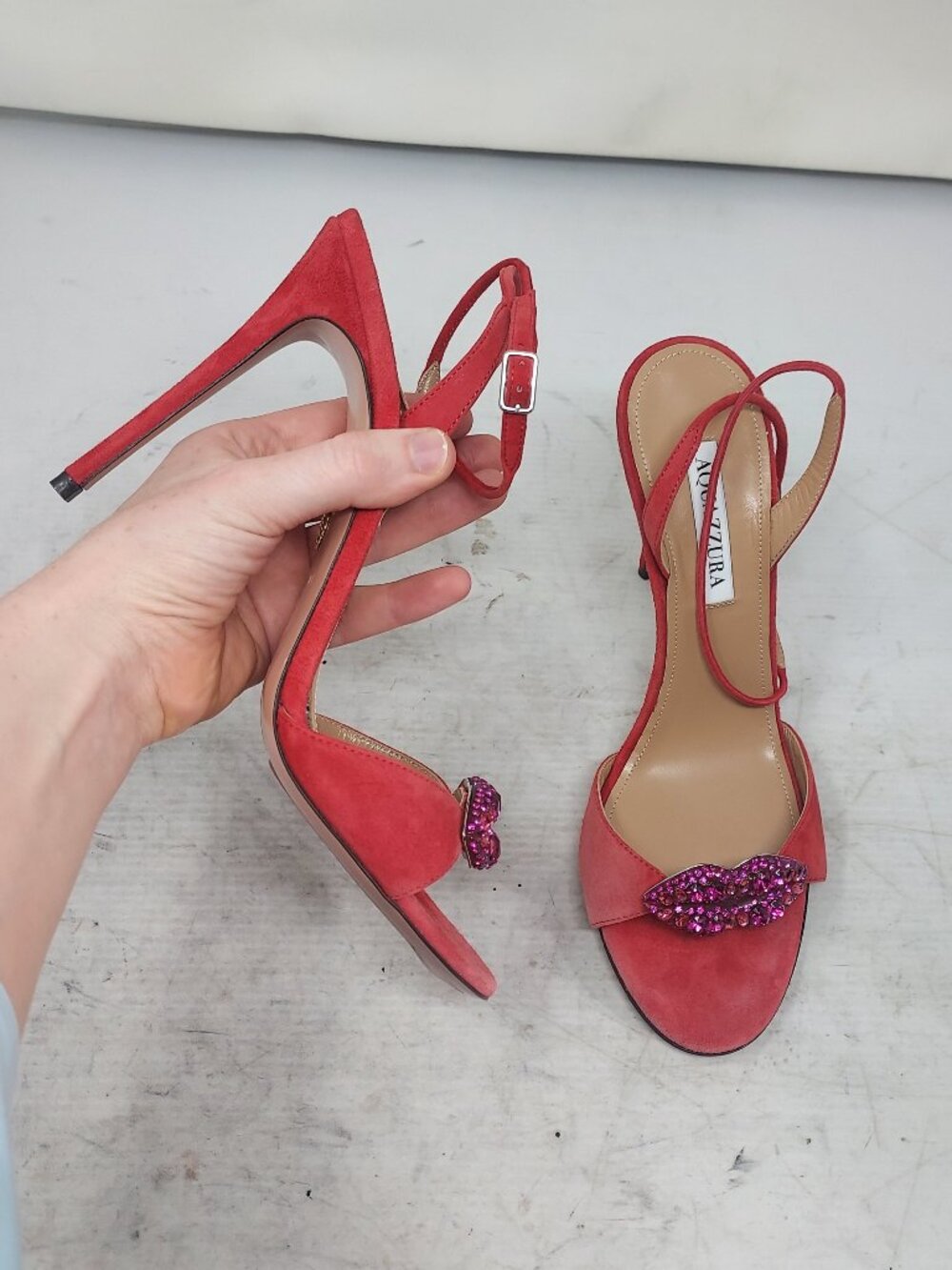 Aquazzura Kiss Me Lips Red Crystal Suede Sandal